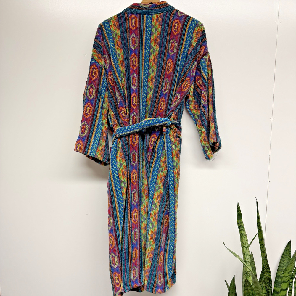 Vintage 100% Cotton Woven Robe Southwestern Aztec Tribal Belted Bathrobe Unisex - Picture 4 of 7